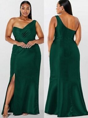 NWT Alfred Sung Draped One-Shoulder Satin Trumpet Dress Gown Size 18 D827 Green